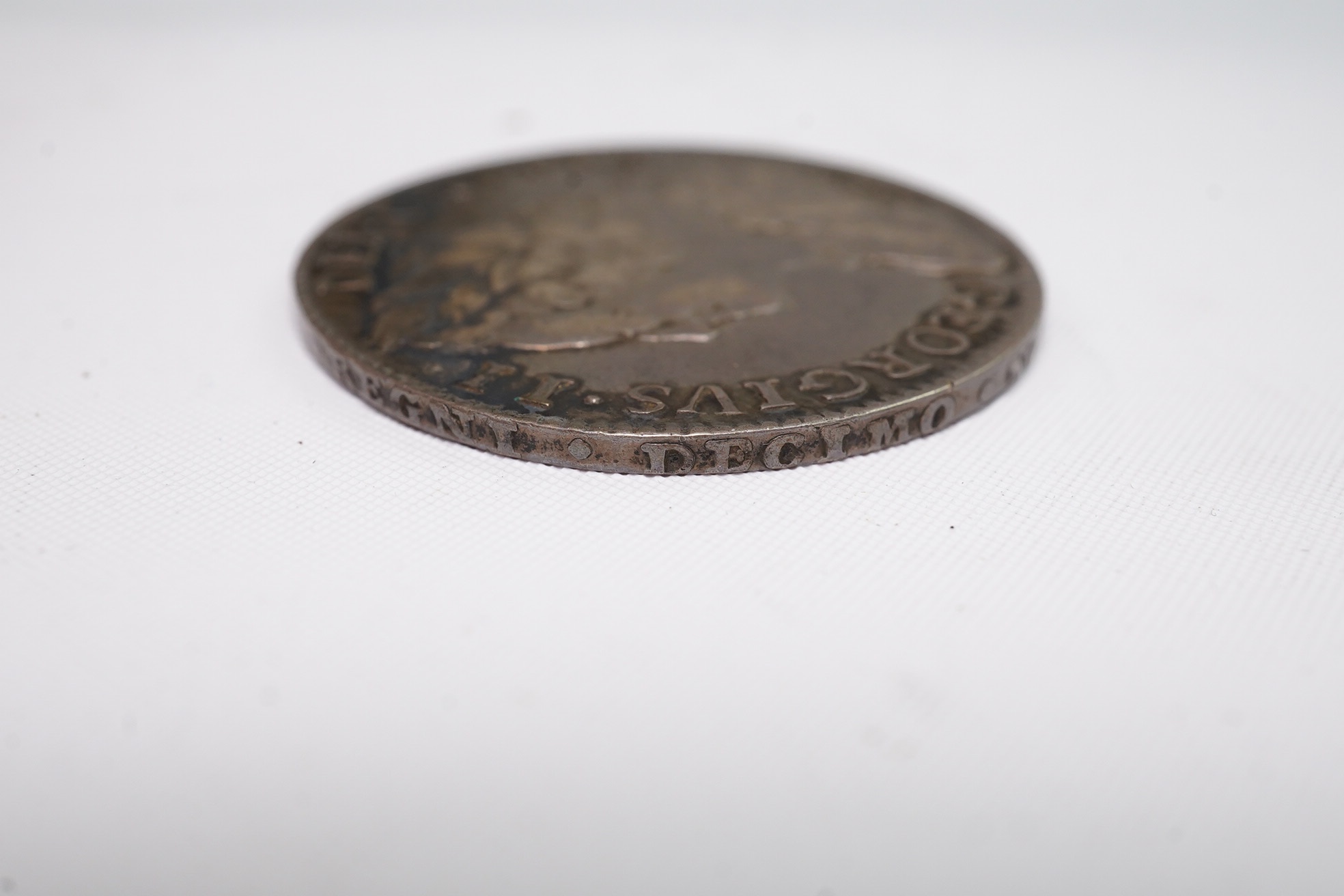 British silver coins, George II 1746 Lima Halfcrown, S.3695A, obv. old laur. and dr. bust LIMA below reads GEORGIVS, edge D.NONO, about VF